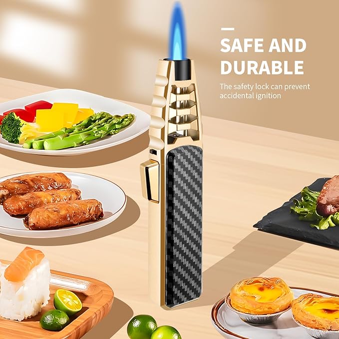Butane Torch Lighter,Windproof Refillable Kitchen Cooking Torch,Adjustable Flame Solar Beam Blow Torch with Safety Lock for Candle Camping BBQ (Not Included Butane Gas) (Gold)