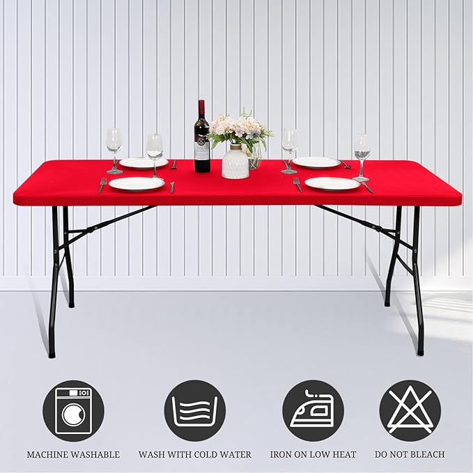 6 Pack Stretch Fabric Table Top Cap Cover, fits 6' Tables, Spandex Table Covers Washable Elastic Universal Rectangle Tablecloth Protector for Indoor Outdoor Party Picnic Wedding, Red, 30" W x 72" L