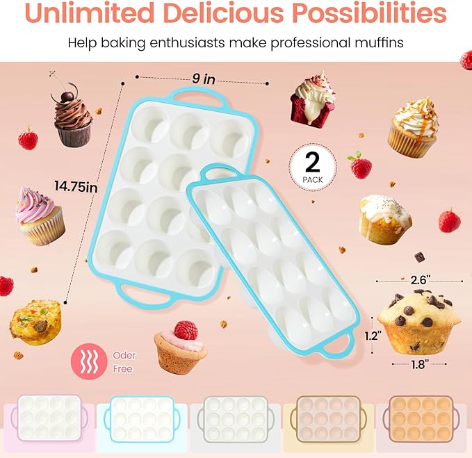Silicone Muffin Pans for Baking 2 Pack, 2.6 Inch with Metal Reinforced Frame, Regular Size Nonstick Cupcake Pan 12 Cups for Baking Homemade Muffins, Dishwasher Safe BPA Free-Blue