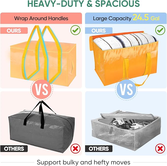 BALEINE 4-Pack Oversized Moving Bags with Reinforced Handles, Heavy-Duty Storage Tote for Clothes, Moving Supplies (Light Yellow, 4-Pack)