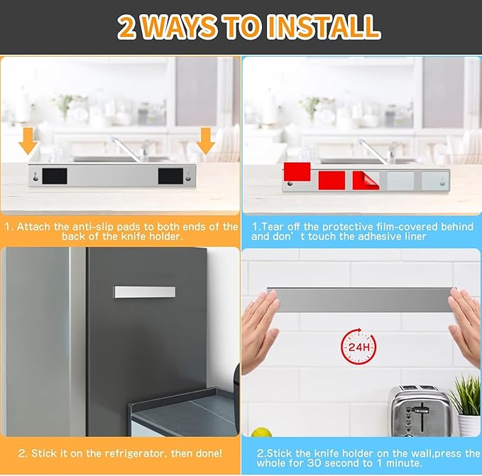 Ninonly 12 Inch Magnetic Knife Holder for Refrigerator, Stainless Steel Double Sided Magnet Knife Strip for Wall, No Drilling Magnetic Knife Rack with Powerful Magnetic Pull Force Fridge Applicable