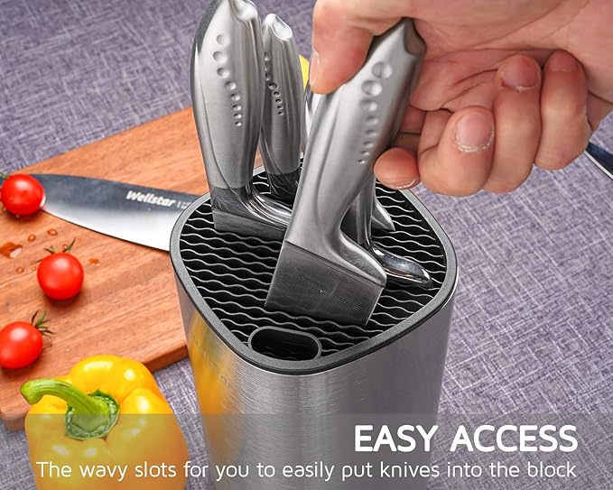 WELLSTAR Universal Knife Block Holder, Stainless Steel Knife Stand Without Knives, Safe Space Saver Large Volume Stable Knife Storage with Scissors Slot, Detachable for Easy Cleaning - Square