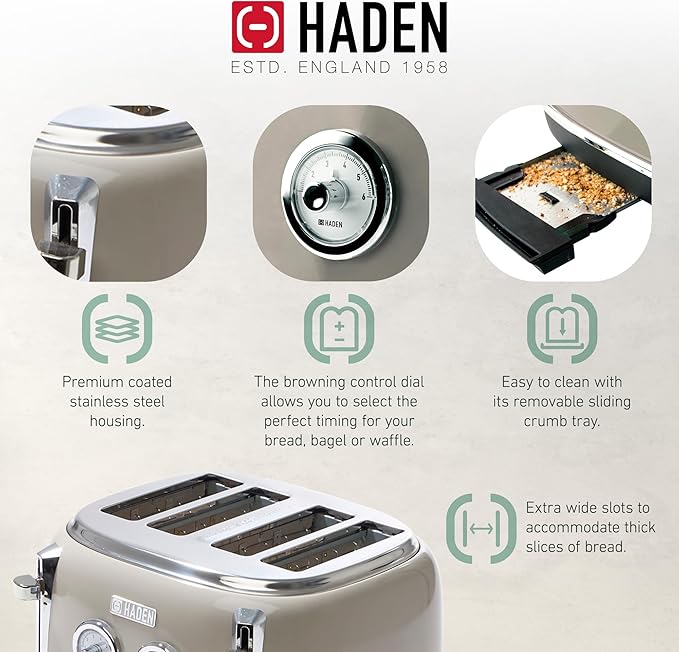 Haden Dorset 4 Slice Wide Slot Stainless Steel Toaster Bundled with 1.7 Liter Stainless Steel Electric Kettle with 360-Degree Base, Putty & Chrome