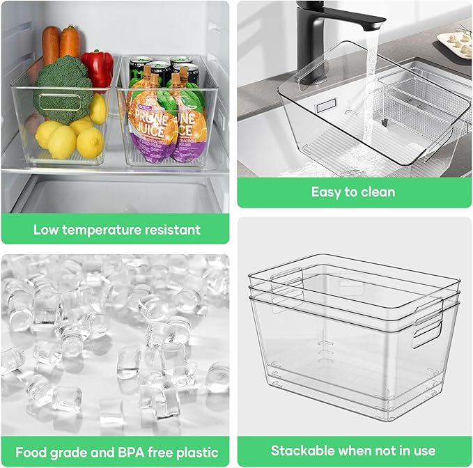 4 Pack Clear Plastic Storage Bins, 11" Large Pantry Organizer Bins with Handles, Plastic Containers for Refrigerator,BPA-Free Perfect for Kitchen,Fridge,Cabinet,Pantry,Bathroom,Closet Organization