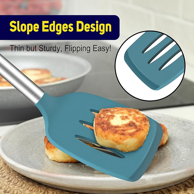 HOTEC Silicone Spatula Set of 2 Heat-Resistant 600°F & BPA-Free Kitchen SaptulaTurner with Stainless Steel Handles, Slotted & Solid Spatulas for Nonstick Cookware, 13.7 Inch, Blue
