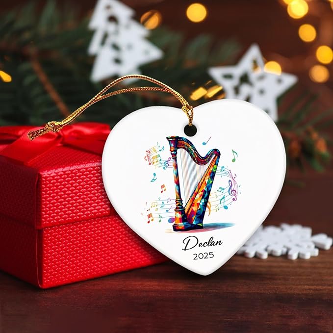 Personalized Harp Lovers Ceramic Ornament Decor, Harpist Christmas Ornaments Tree, Custom Name & Year Harp Musical Xmas Ornament Gifts for Harpist Musician, Instrument Ceramic Ornaments Xmas 2025