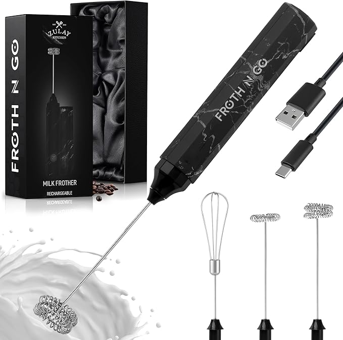 Zulay Kitchen Rechargeable Milk Frother Froth N Go Frother Wand With Case & USB-C Charger - Comes With 3 Whisk Attachments for Latte, Cappuccino, Matcha, Protein Shakes - Black Marble