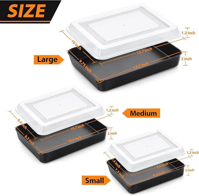 E-far Baking Pans with Lids Set of 3, Nonstick Sheet Cake Pan for Oven Lasagna Brownie Casserole - 12.5/10.5/9.4Inch, Rectangle Metal Bakeware Set, Stainless Steel Core - 6 Pieces(3 Pans + 3 Covers)