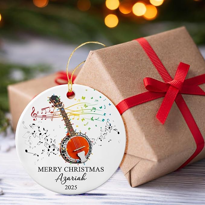 Personalized Banjo Musical Ceramic Ornament Gift for Banjo Player Daughter Son Dad Mom Friends, Customized Text Year Name Banjoist Christmas Ornament 2025, Unique Banjos Instrument Ceramic Ornaments