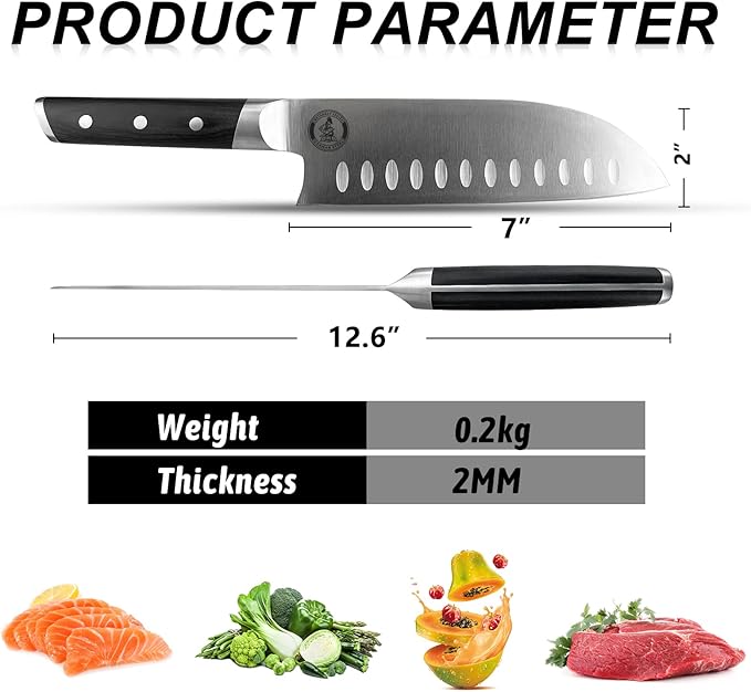 Kitory Santoku Knife 7", Full Tang Pakkawood Handle, Japanese Kitchen Chopping Knife for Vegetables fruit and cheese, Forged German High Carbon Steel, 2024 Gifts-Metadrop Series