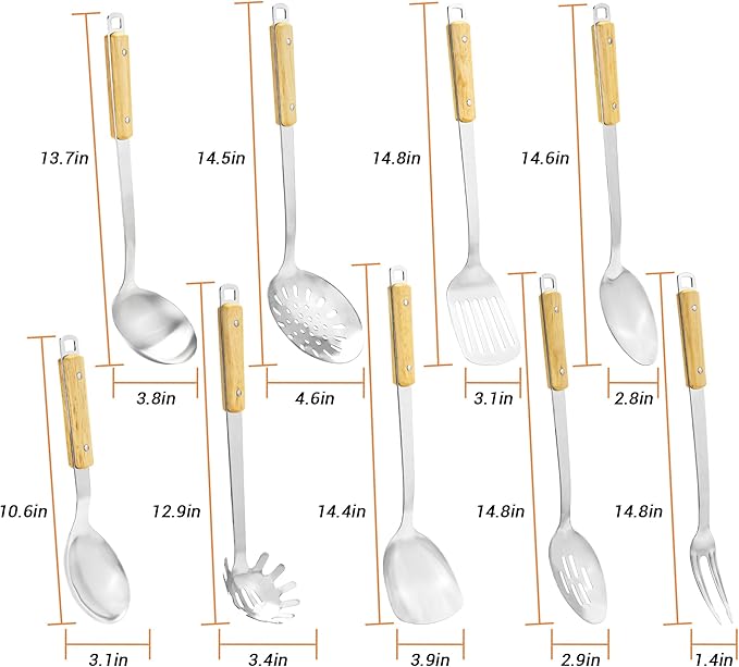 FJNATINH Cooking Utensils Set with Wood Handle, 9 Pieces Wok Utensils Tools - Wok Accessories Cookware Set