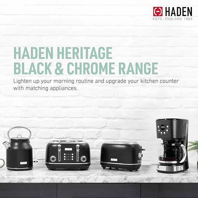 HADEN Coffee Machine, 12 Cup Drip Coffee Maker Bundled with Heritage 1.7 Liter Stainless Steel Electric Kettle, Black & Chrome