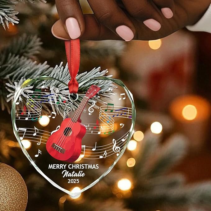 Personalized Ukulele Instrument Glass Christmas Ornament, Customized Text Year Name Keepsake Xmas Ornaments Gift for Ukulele Player/Lover, Ukuleles Musical Instrument Glass Ornament for Appreciation