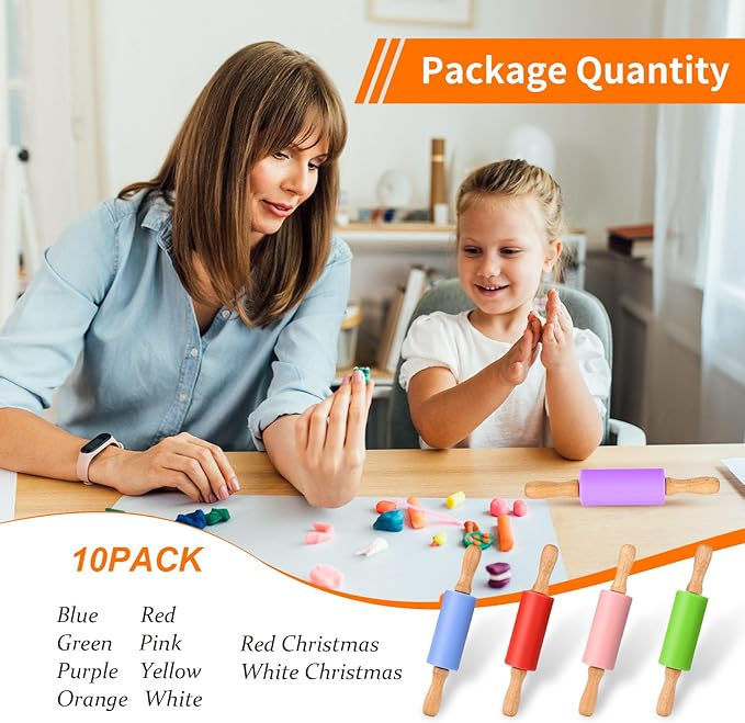 Mini Silicone Rolling Pin for Kids, Non-stick Surface Wood Handle, 9 Inch 10 Pack
