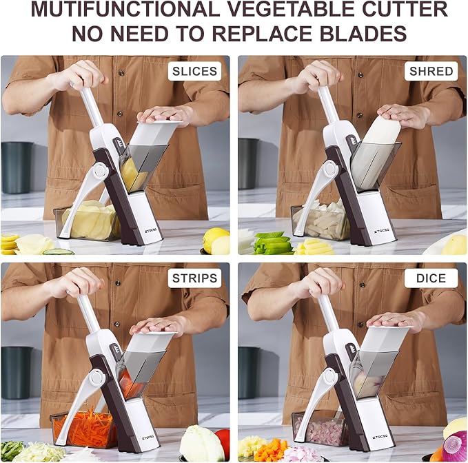 5 in 1 Safe Mandoline Slicer for Kitchen, Safe Vegetable Chopper with Paring Knife, Adjustable Thickness, Easy to Clean, Vegetable Slicer, Slicing, Strips, Shredding, Dicing, Chop (Brown)