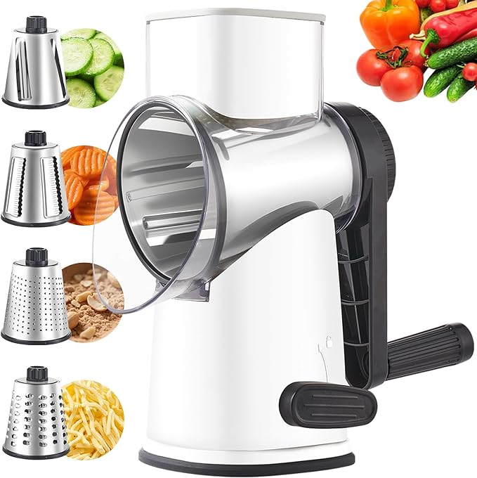 Rotary Cheese Graters with 4 Blades, Hand Crank Cheese Grater with Waffle Slicer, Red, Black and White Cheese Shredder with Suction Base, Easier for Shredding & Grating (White, 4 Graters)