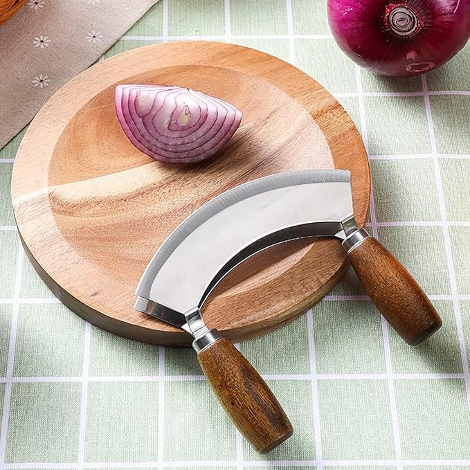 MEZZALUNA KNIFE AND CUTTING BOARD – Double Blade herb chopper ULU Knife with 8 inch Recessed Board Set– For Efficient Mincing Nuts n Veggies