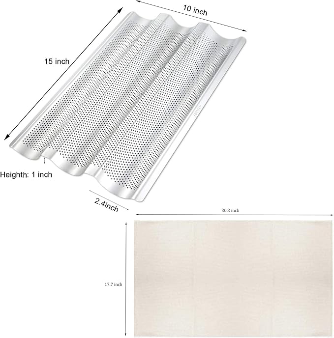 Stainless Steel Perforated French Baguette Bread Pan 3 Waves Toaster Oven Baking Tray (15"x10") with Large Bread Proofing Cloth (17.7" x 30.3")