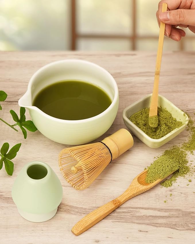 Matcha Whisk and Holder Set, Bamboo Brush, Scoop, Tea Spoon and Ceramic Whisk Stand, Traditional Green Tea Making Kits
