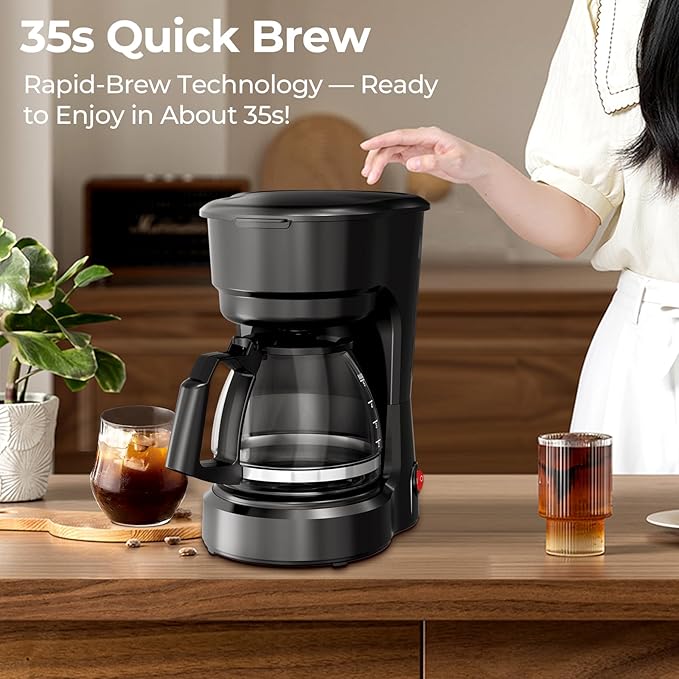 Small 5-Cup Coffee Maker, Drip Coffee Machine with Food-grade Glass Carafe, Always Keep Warm with Manual Switch, Delay Brew, 25oz Water Reservoir, Compact for Home/Office/RV/Travel/Outdoor - Black