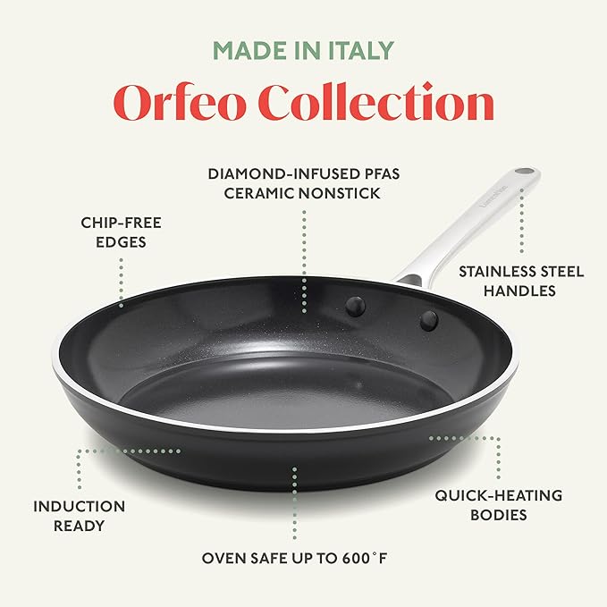 Orfeo 11” Nonstick Frying Pan, Made in Italy, Diamond Ceramic PFAS-Free Cookware, Induction Ready, Scratch Resistant, Laser-Fused Surface for Durability, Dishwasher Safe, Black