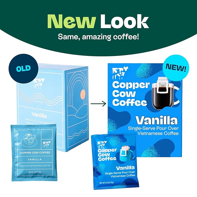Copper Cow Coffee Pour Over Vietnamese Ground Coffee Pouches + Sweetened Condensed Milk Creamers (8 Coffees & 8 Milk Creamers) | Vanilla Lattes, No Refrigeration Needed, Travel Friendly