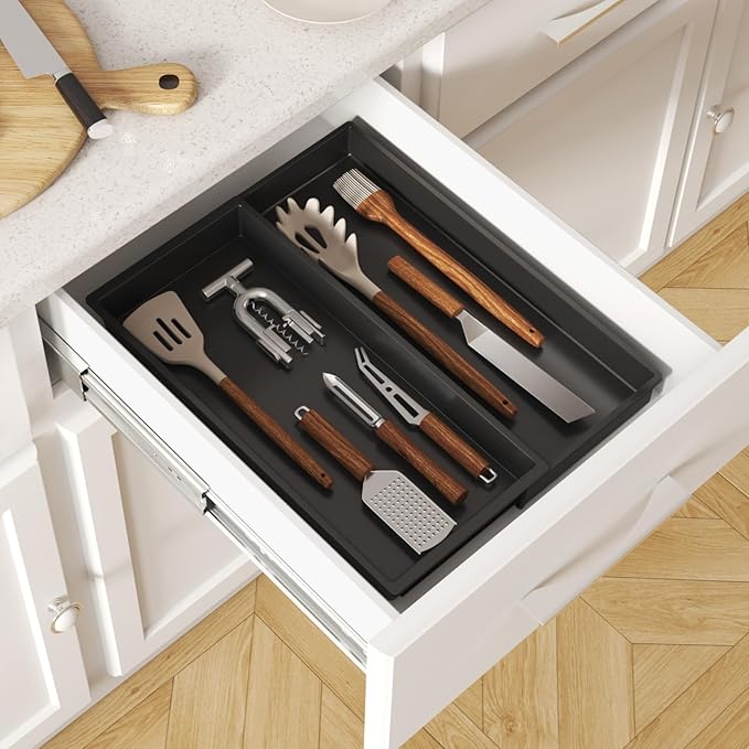 Lifewit Utensil Drawer Organizer, Expandable Cooking Silverware Tray for Kitchen Drawer, Adjustable Cutlery Flatware Holder, Plastic Spatula Tools and Gadgets Storage Divider, 2 Compartments, Black
