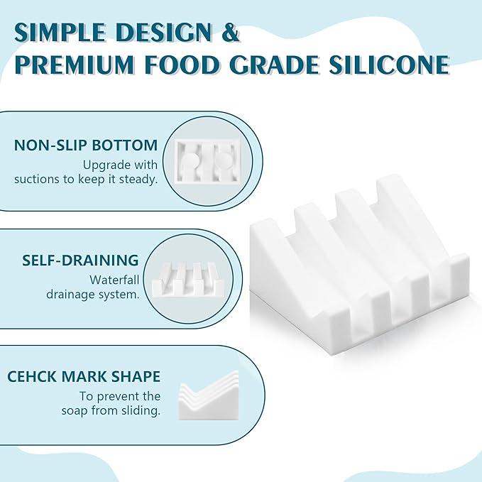 Self Draining Soap Dish,Silicone Suction Cup Soap Holder, Bathroom Soap Dish for Bar Soap,Can Extend Soap Life,Bathroom, Bath Tub, Kitchen Sink (3, White)