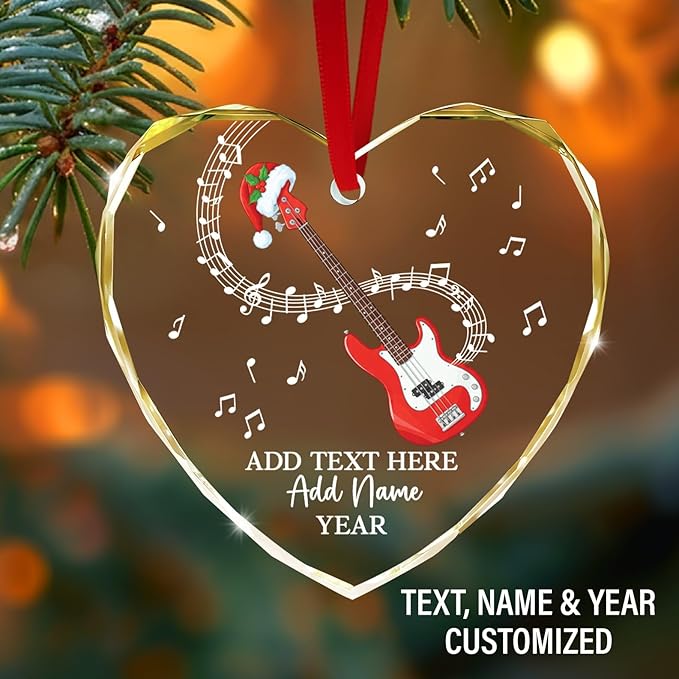 Personalized Bass Guitar Christmas Tree Glass Ornament, Bass Guitar Lovers Christmas Ornaments 2025, Custom Guitarist Xmas Ornament with Text Name & Year, Musical Instrument Players Gifts