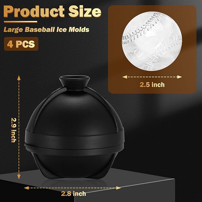 4 Pack Baseball Ice Cube Mold 2.5 Inch Large Silicone 3D Baseball Ice Cube Molds Fun Shapes Novelty Baseball Cube Molds Christmas Gifts for Cocktails, Bourbon, Brandy, Whiskey (4, Baseball)