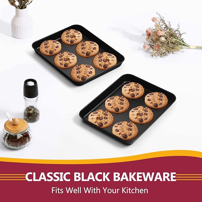 P&P CHEF 10.5 Inch Baking Cookie Sheet Pan, Carbon Steel Oven Tray, Non Stick Bakeware for Cooking Baking Bread Meat Vegetables, Sturdy & Healthy, Easy Clean, 2Pcs