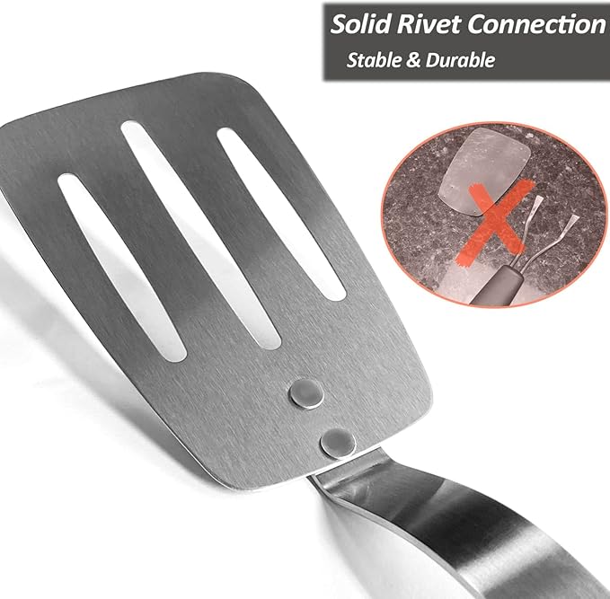 Stainless Steel Spatula, Flexible Metal Slotted Turner for Cast Iron Skillet, Thin Blade and Heat Resistant Silicone Handle, Great for Egg, Cookie, Meat, Crep, Medium