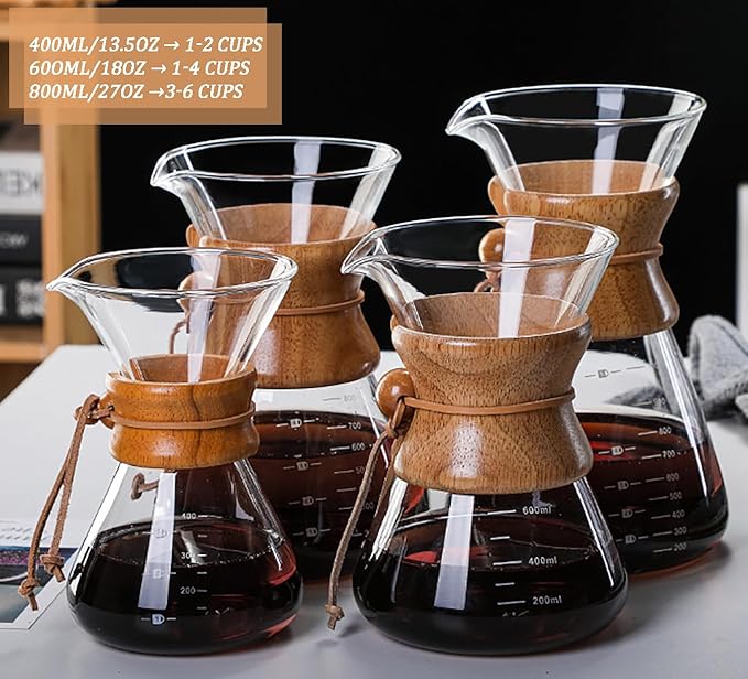 Pour Over Coffee Maker with Reusable Stainless Steel Drip Filter, Lead-Free Borosilicate Glass Coffee Carafe with Modern Wooden Collar for 1-6Cup, Circular Clear (800ml/27oz)