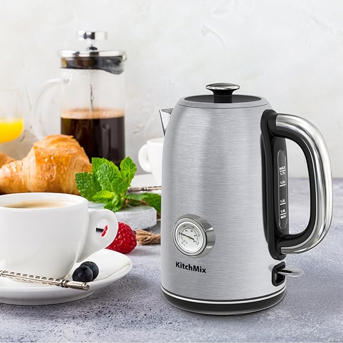 Electric Tea Kettles1500W, 1.7L Stainless Steel Tea Kettle with Thermometer, Auto Shut-Off & Boil-Dry, Cool Touch Handle, BPA Free (Stainless steel)