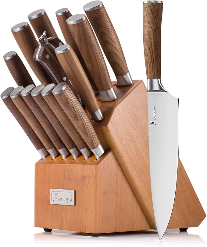 Natura Series 15 PCS Knife Block Set, Ultra Sharp High Carbon Stainless Steel with Wooden Handle