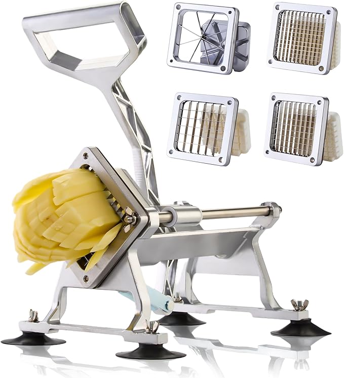Commercial French Fry Cutter Stainless Steel Potato Cutter with 1/2,1/3,3/8 Inch Blade and 8-wedge balde, Heavy Duty Potato Slicer Manual Potato Chopper Set for Sweet Potato, Carrot, Cucumbers