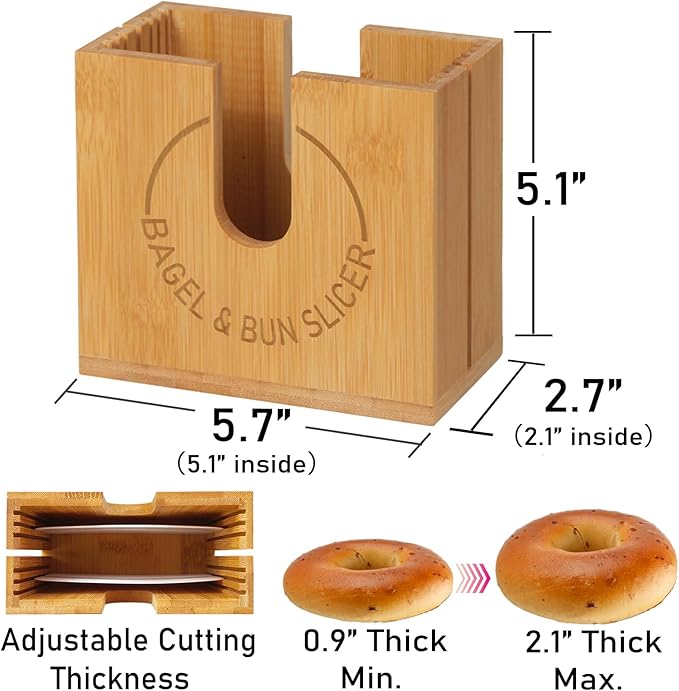 Large Adjustable Bagel Slicer Holder | Bamboo Bagel Cutting Holder with Width-Adjustable Slots for Small & Large Bagels, Buns & English Muffins, Knife Groove & Non-Slip Base