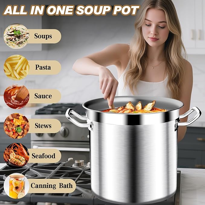 Large Cooking Pot, 35 Quart Heavy Duty Induction Soup Pot With Stainless Steel Lid Commercial Grade Stock Pot for Soup, Stew, Canning, Even Heat Distribution