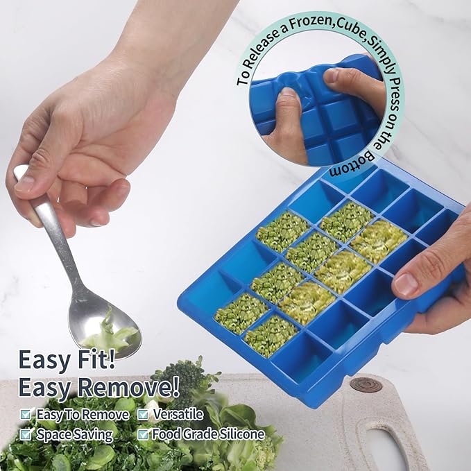 1 Tbsp & 2 Tbsp Silicone Freezer Molds - Perfect for Storing Garlic, Herbs, Ginger, Pesto, Tomato Paste, Lemon Juice,Vegetable Purees,Purees and More - Silicone Food Freezer Tray (Blue 2 Pack)
