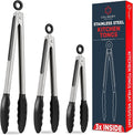 Kitchen Tongs for Cooking with Silicone Tips, Heat Resistant Tongs for Serving Food, 7-Inch, 9-Inch, 12-Inch Locking Silicone Tong, Set of 3 Salad Tong, Black Kitchen Utensils