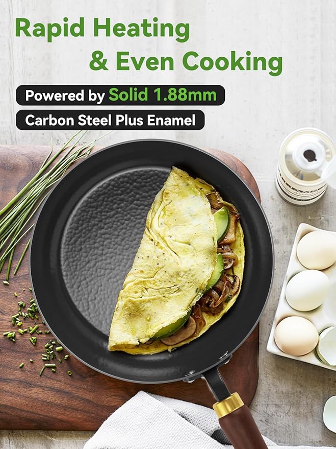 Enameled Carbon Steel Skillet, 9.5-Inch Nonstick Frying Pan, Stay-Cool Wooden Handle, Non Toxic, PTFE & PFOA Free Oven-Safe, Season-Free Carbon Steel Pan