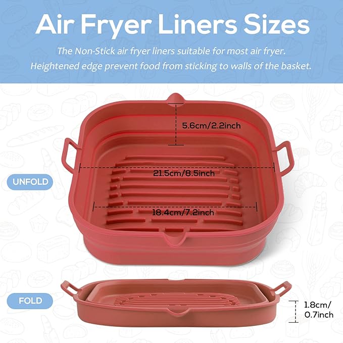 Silicone Air Fryer Liners Square - Reusable Airfryer Silicone Basket - Easy to Clean Air Fryers Silicone Pot for 5.8 to 8 Qt Air Fryer Baking Tray Oven Accessories, 8.5 Inch Large(Red)