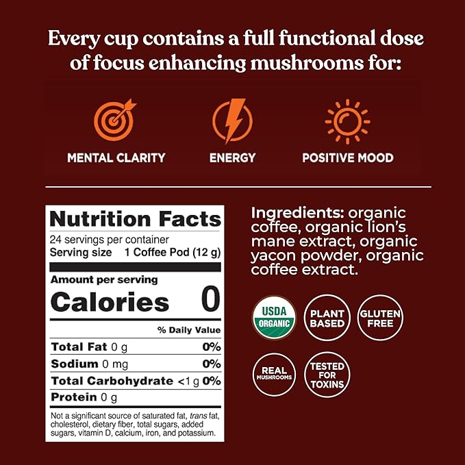 High Caffeine Mushroom Coffee K-Cups by Four Sigmatic | Organic Dark Roast Coffee with Lion’s Mane & Chaga | Focus & Immune Support | Vegan & Keto | Sustainable Pods | 24 Count