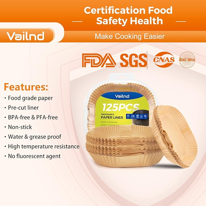 Vailnd 9inch Square Air Fryer Disposable Paper Liners, 125PCS Non-Stick Food Grade Parchment Liner, Oil Resistant, Waterproof, Food Grade Baking Paper for 8-12 QTMicrowave