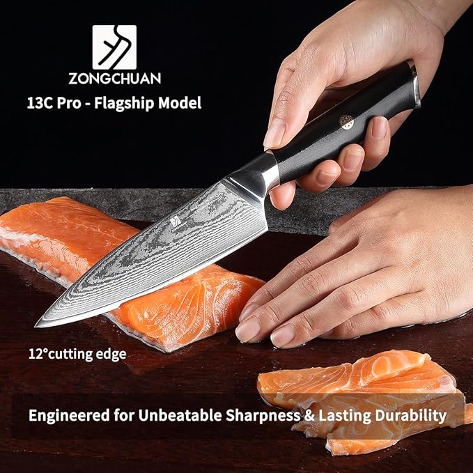 Utility Knife,5.5inch Damascus knife,67-Layer High Carbon Stainless Steel Kitchen Knife,Professiona Sharp Cutting Knives with Black Ergonomic G10 Handle,Gift Box for Home and Kitchen Birthday Gift
