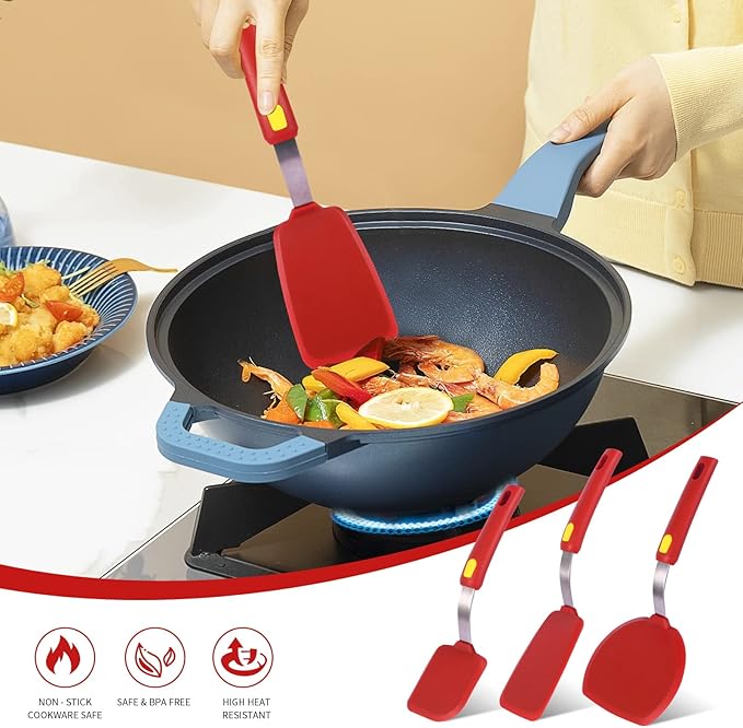 Kitchen Spatulas Silicone Turner Heat Resistant Melt Proof Spatula Set for Nonstick Cookware,Flexible Non Scratch Thin Spatula Wide,Angled and Flipper 3-pack for Frying Eggs,Pancake,Burger,Fish.Red