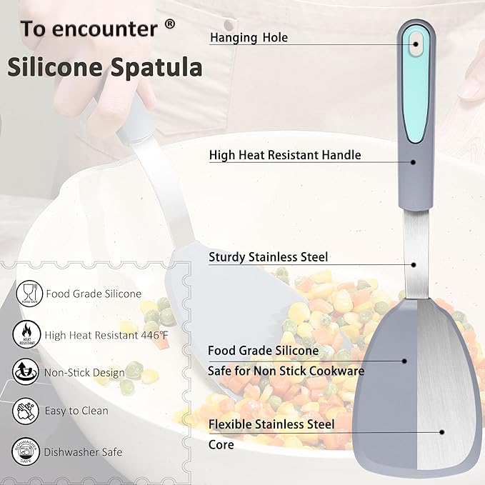 To encounter 5 Pieces Silicone Spatula Set, Non-Stick Silicone Turner Spatulas, Heat Resistance Cooking Utensils, Flip Turner for Fish, Egg, Pancake, Light Grey