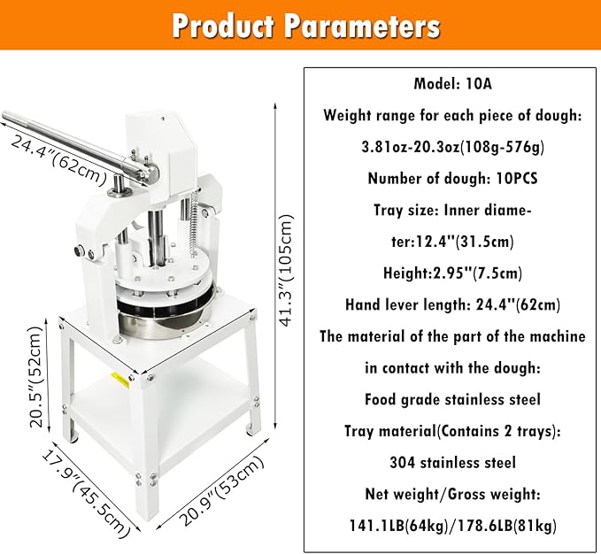 INTSUPERMAI Manual Dough Divider Cutter 3.81oz-20.3oz Cutting Machine Maker 10PCS Commercial Heavy Duty Bakery Equipment for Bread, Pizza, Brioche