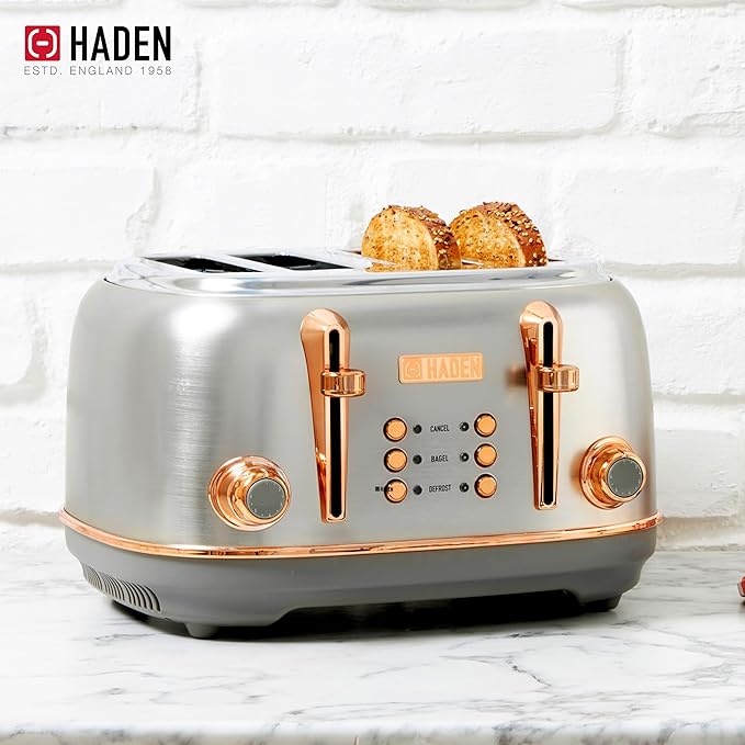 Haden Heritage 4 Slice Wide Slot Stainless Steel Toaster Bundled with 1.7 Liter Stainless Steel Electric Water Kettle, Steel & Copper