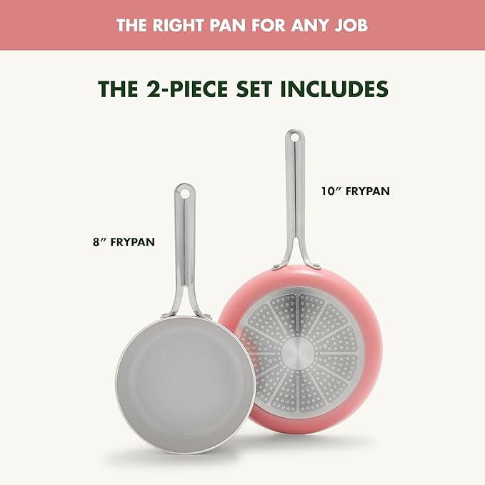 GreenPan Nova 8” & 10” 2 Piece Frying Pan Skillet Set, Oprah’s Favorite Things 2024, Induction Suitable PFAS-Free Nontoxic Ceramic Nonstick, Dishwasher & Oven Safe, Quick Even Heating, Coral